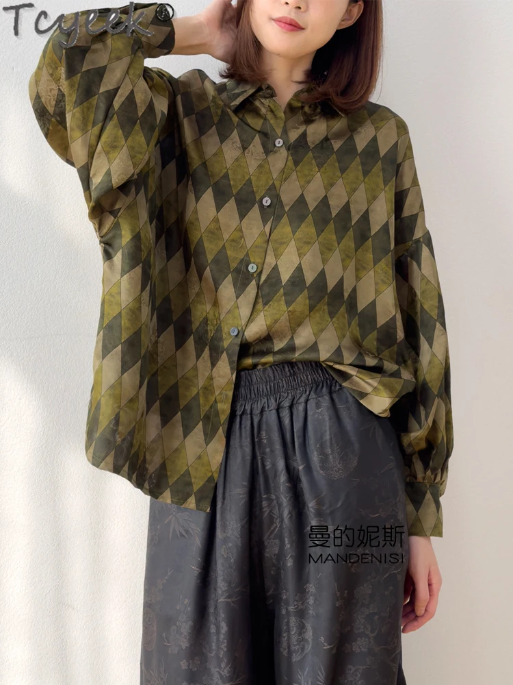 

Tcyeek 100% Real Silk Shirts for Women 2024 Spring Summer Clothes Elegant Long Sleeve Top Loose Fit Women's Shirt Camisa Mujer