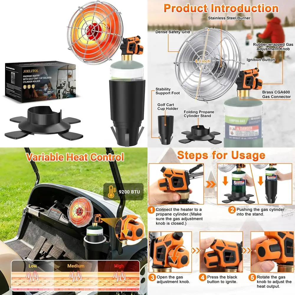 

Портативный обогреватель для тележки для гольфа с пропаном 9200 БТЕ с двумя основаниями, подстаканником, складной подставкой для EZGO, Yamaha, клубного автомобиля, активного отдыха