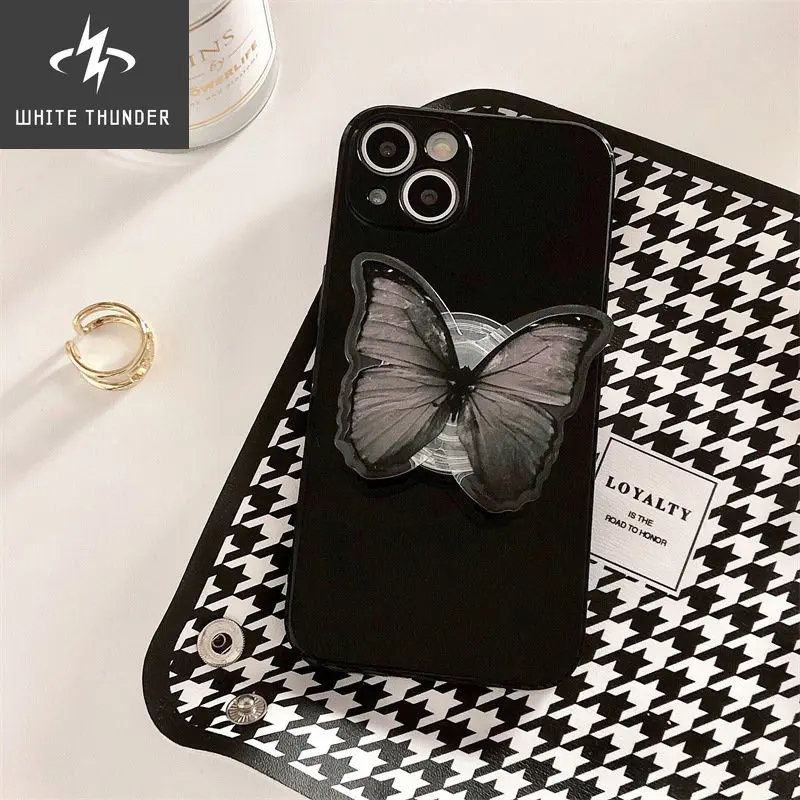 Korean Style Personality Black Butterfly Bracket Silicone Anti-fall Shell For iphone 11 12 13 Pro Max X Xs Xr 7 8 P Phone Case