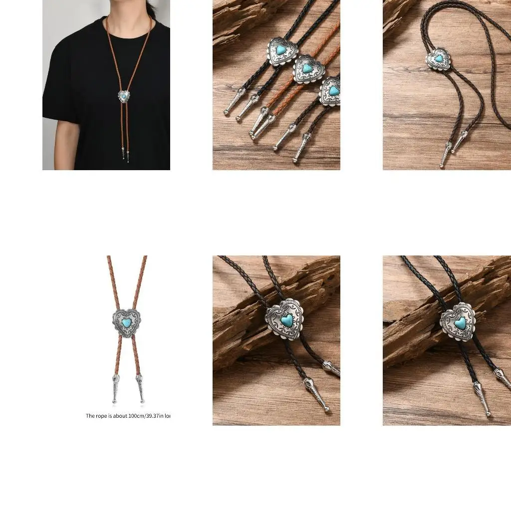 

39BD Western Bolo Tie 3Pcs Metal Heart Stone Pendant Necktie for Party or Daily Wear