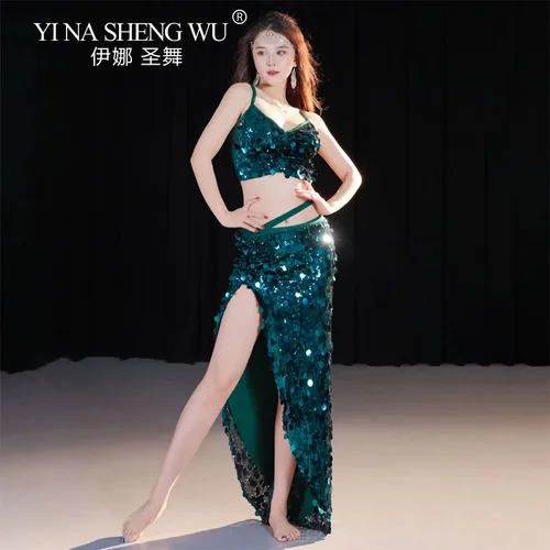Ropa de baile individual para mujer, traje de práctica de danza del vientre Oriental, Ropa de baile para adultos, falda superior, bufanda de cadera de sirena, conjunto de lentejuelas para danza del vientre