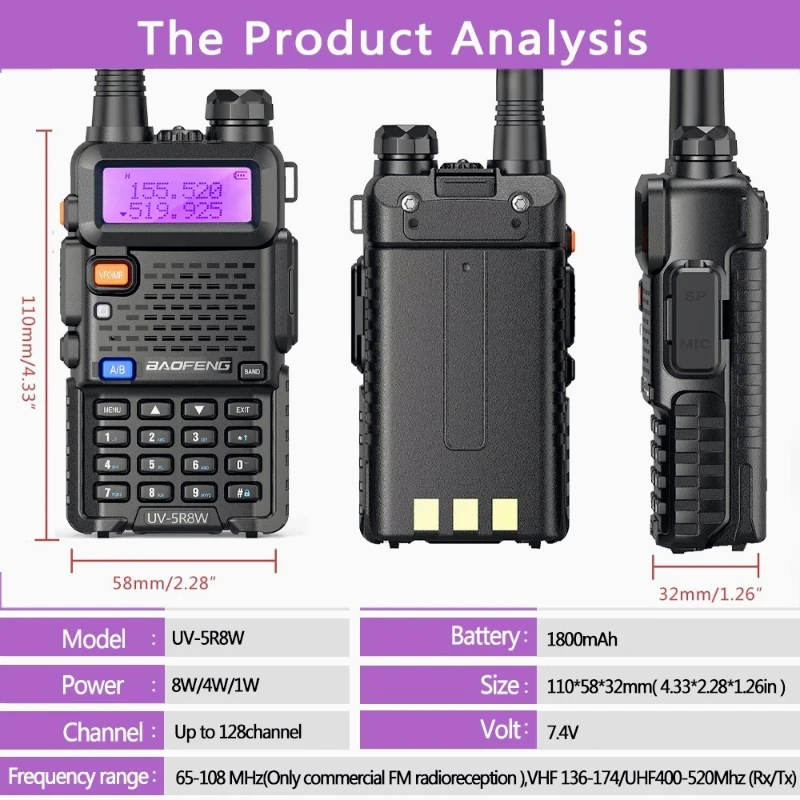 Baofeng UV-5R 8W راديو ثنائي الاتجاه محمول ثلاثي الطاقة VHF UHF اتصالات طويلة المدى