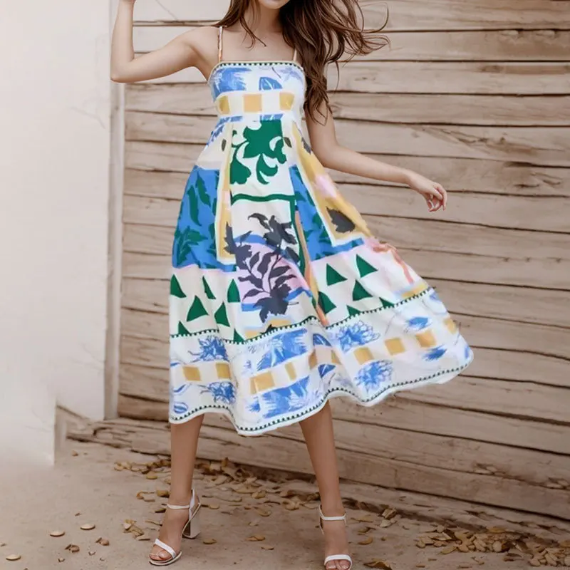 Women's 2024 Summer New Sexy Swing Dress Graffiti Print Sleeveless Slip Dress Boho Dress