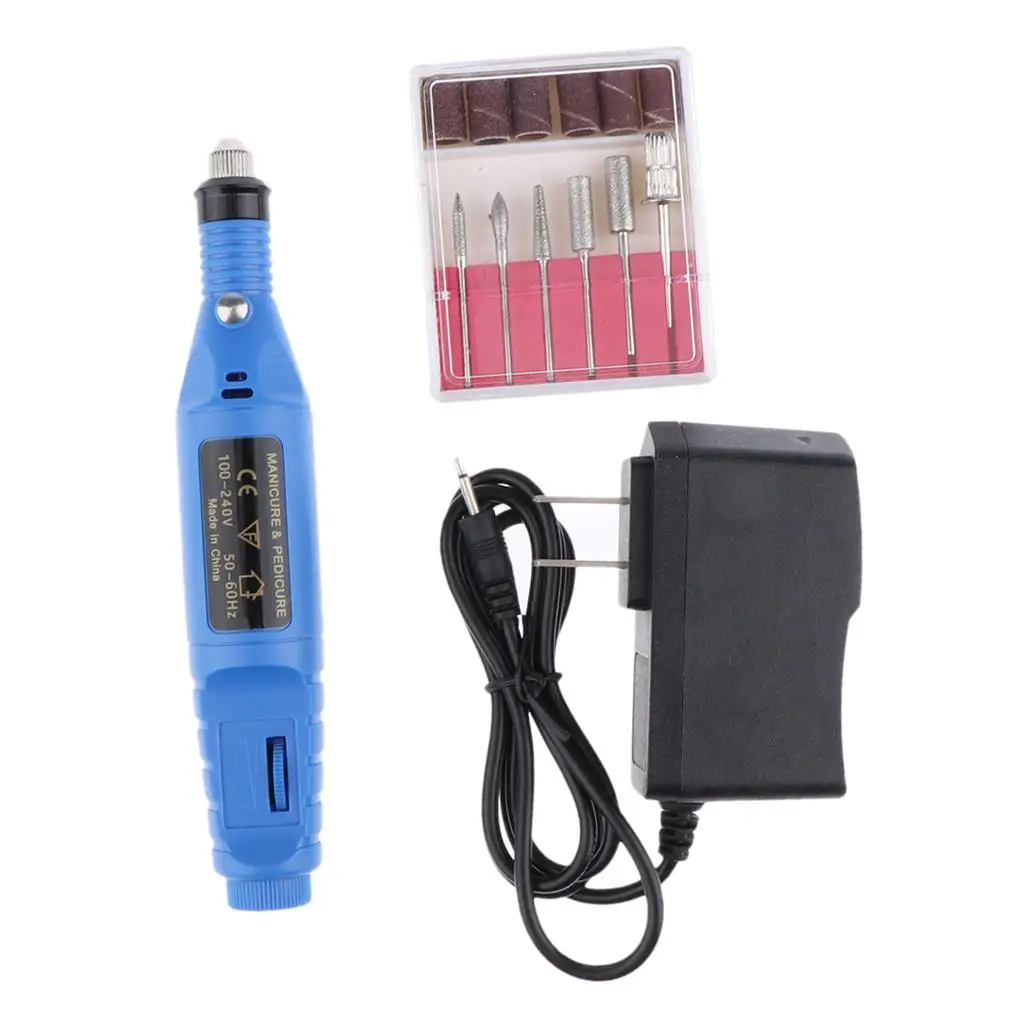 Nail Art Bohrer-Behandlungen-Set, Maschine, elektrische Feilenpuffer-Bits, Acryl, Maniküre, Pediküre, Hände und Nägel, Reparatur, US-Stecker – Blau