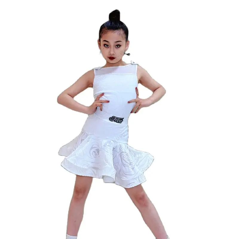 White Sleeveless Latin Dance Dress For Girls Velvet Latin Dress Kids Latin Performance Dancing Costumes Practice Wear DWY9083