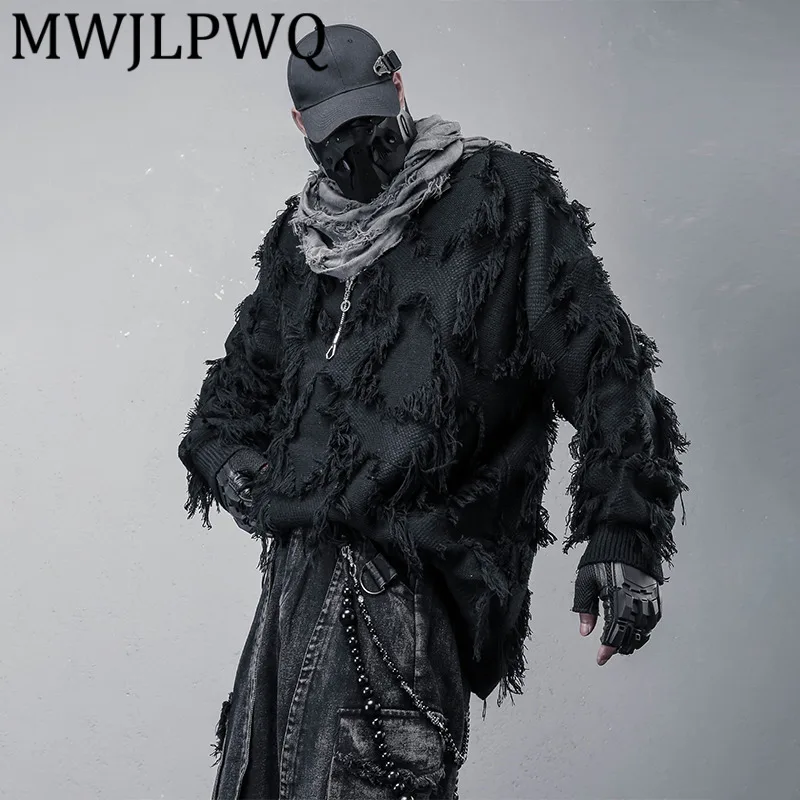 

MWJLPWQ уличный стиль с кисточками нерегулярного жаккардового дизайна вязаный свитер мужской нишевый модный текстурированный уличный топ с круглым вырезом 12677