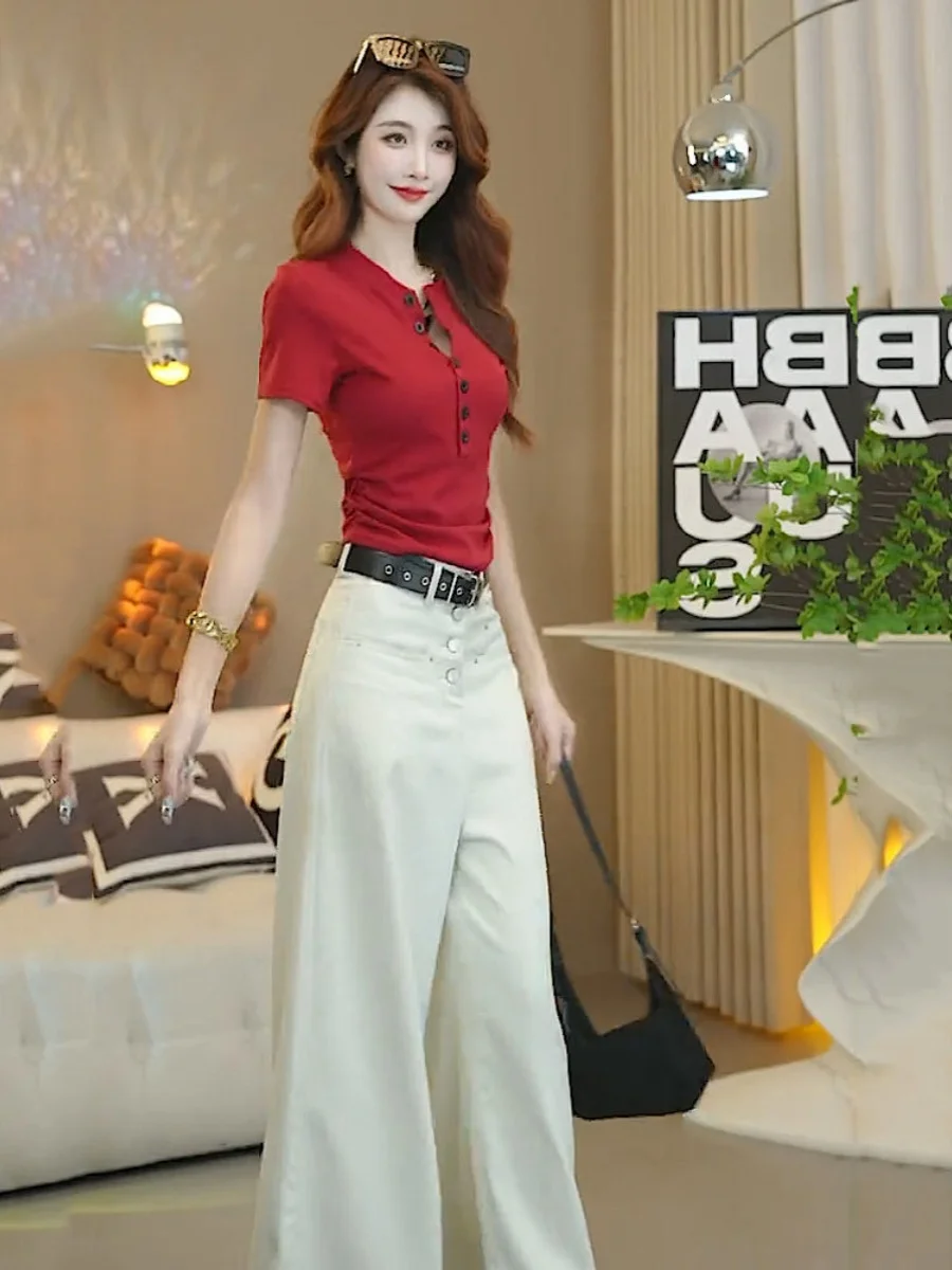 

Модный профессиональный женский комплект для похудения: брюки с высокой талией и широкими штанинами, футболка с коротким рукавом, летняя новинка, элегантный стиль