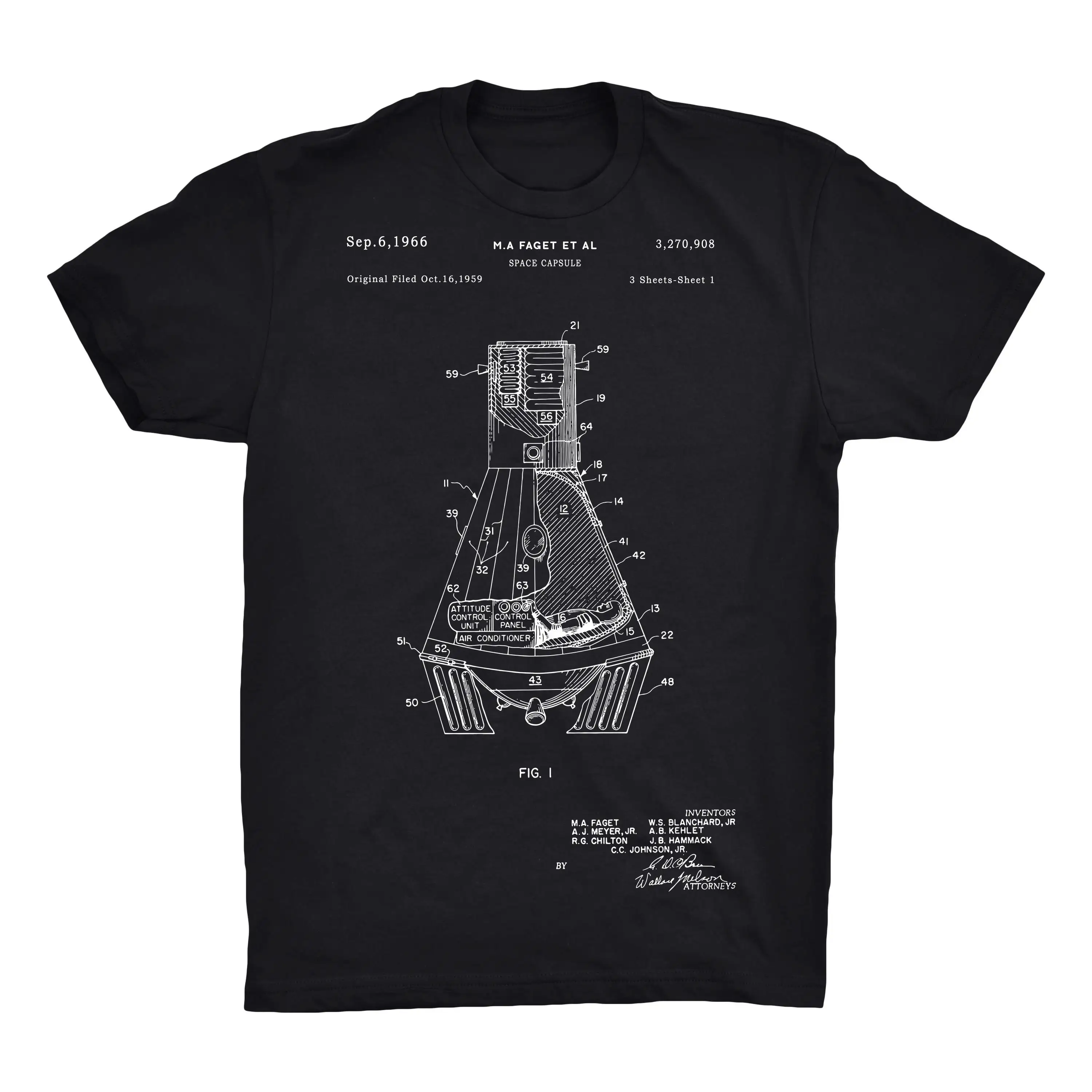 Mercury Space Capsule Patent T Shirt On Black Red White or Gray 100 Soft Premium Cotton and Comfy