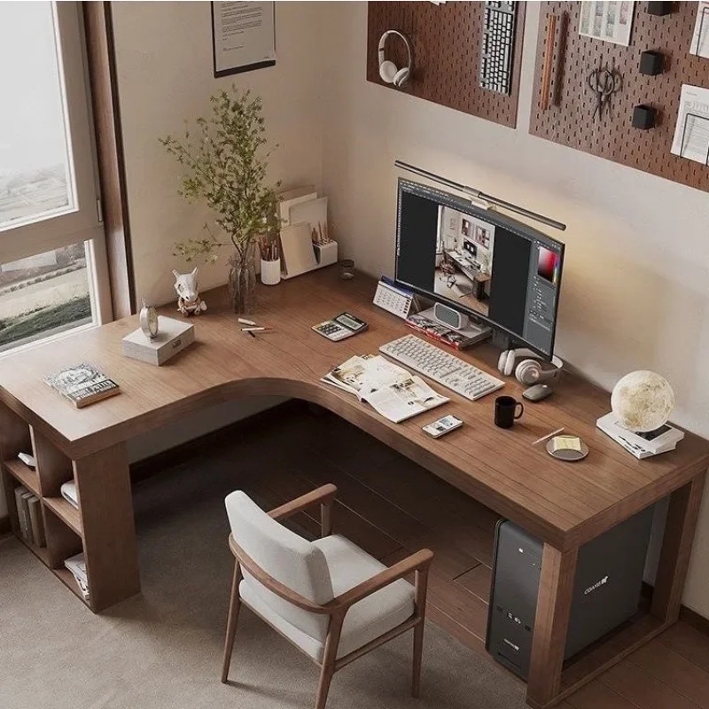 Solid wood corner computer desk, bedroom home desktop, bookshelf integrated double 7-shaped