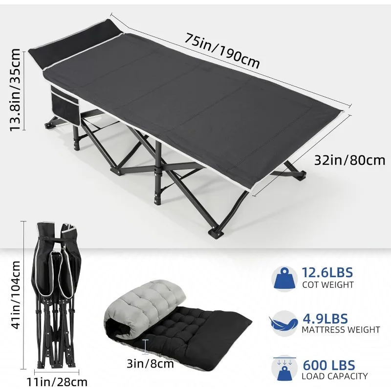 Product size Description 75x190cm folds to 41 inches x 11 inches. Mattress can be rolled to save space 3 Inches. Cot weighs 12.6 LBS. Mattress 4.9 LBS, Load Capacity 600 LBS