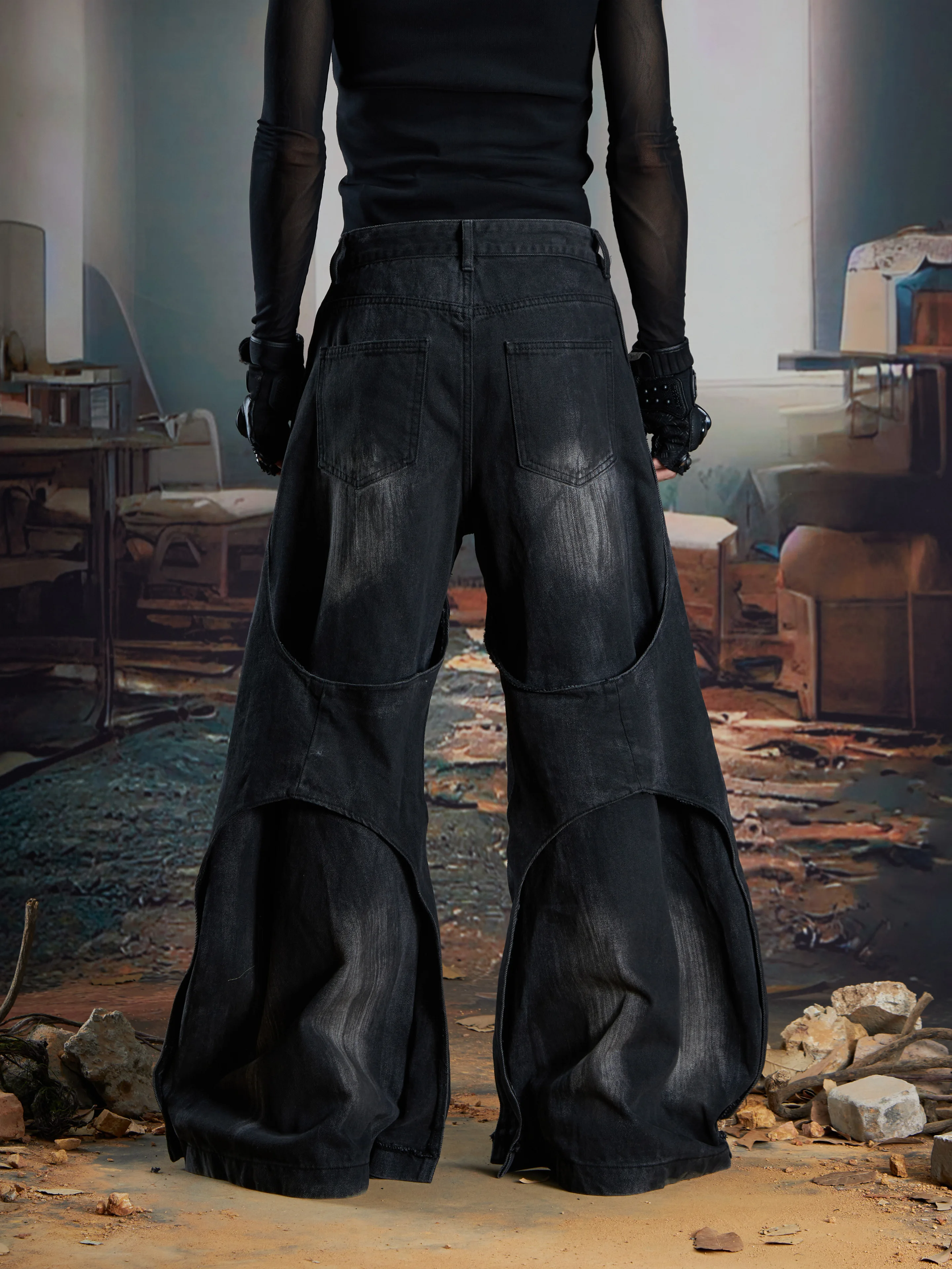 Design Dark Heavy Industry Deconstructs Double-Layer Structure Stitching Wide Leg Loose Burrs Tassels Brushed Jeans