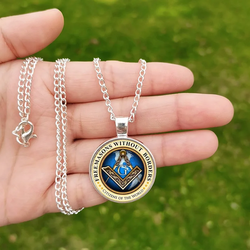 Free Mason Necklace Pendant Freemason Glass Photo Charm Retro Masonic Accessories for Men Women Jewelry Gift