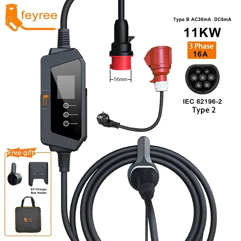 feyree Type2 EV Charger 11KW 16A 3Phase EVSE Portable Charging Box Male CEE Plug Current Adjustable for Electric Vehicle Charger