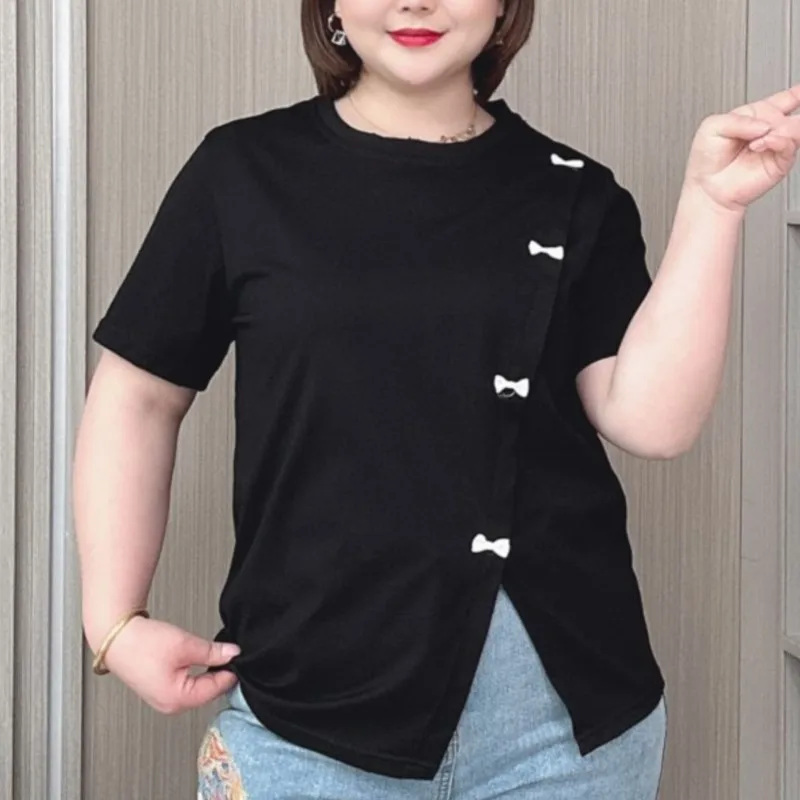 2024 Summer New Plus Size Design Bow Slit short-sleeved T-shirt For Women Ice Cotton Basic Thin Top