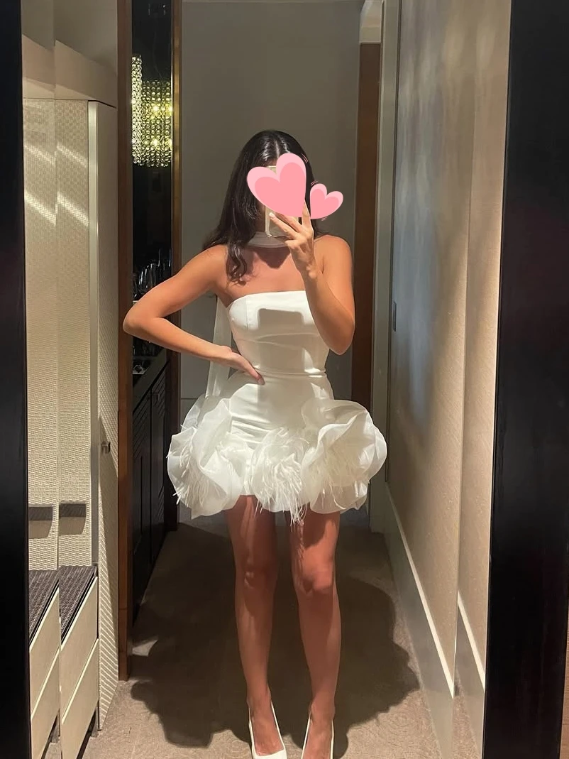 

Oisslec Prom Dress Elegant Vintage Sweet Ivory Feathers Short Summer Customized Formal Occasion Prom Dress Evening Party Gowns