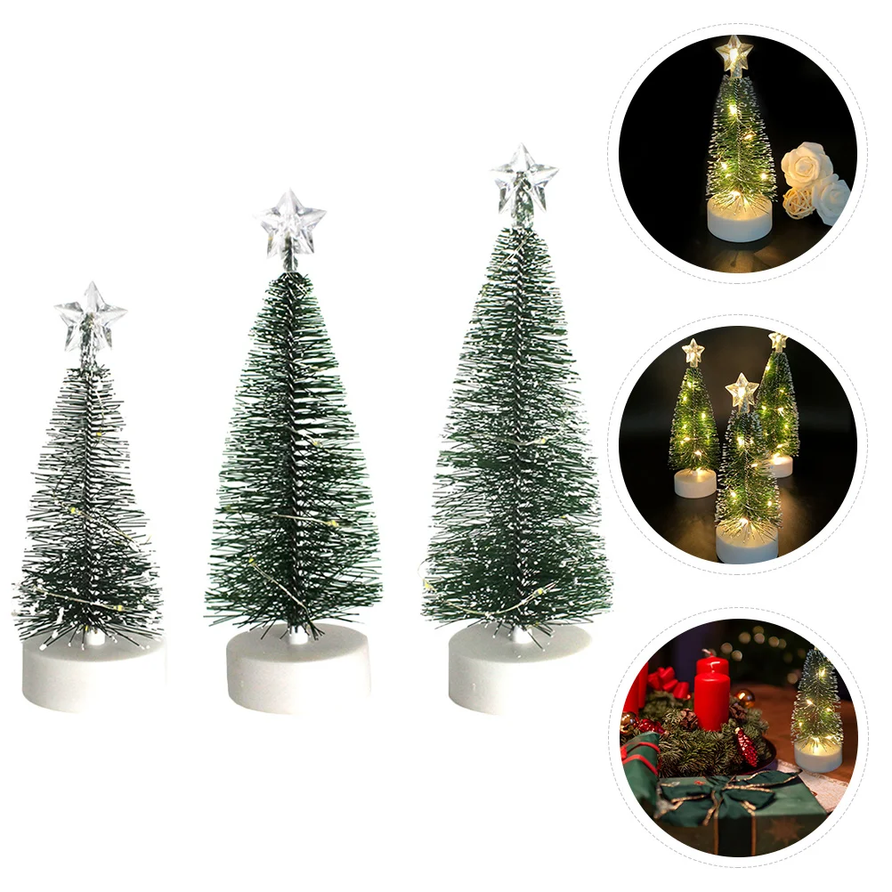 

3pcs Led Mini Christmas Tree Decor Desktop Festival Party Props Xmas Home Office Hotel Decoration Flashing Steady Light Modes