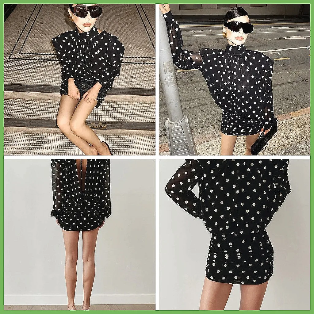 

Chic Backless Polka Dot Mini Dress for Women, Elegant High Neck Long Sleeve Evening Party Gown