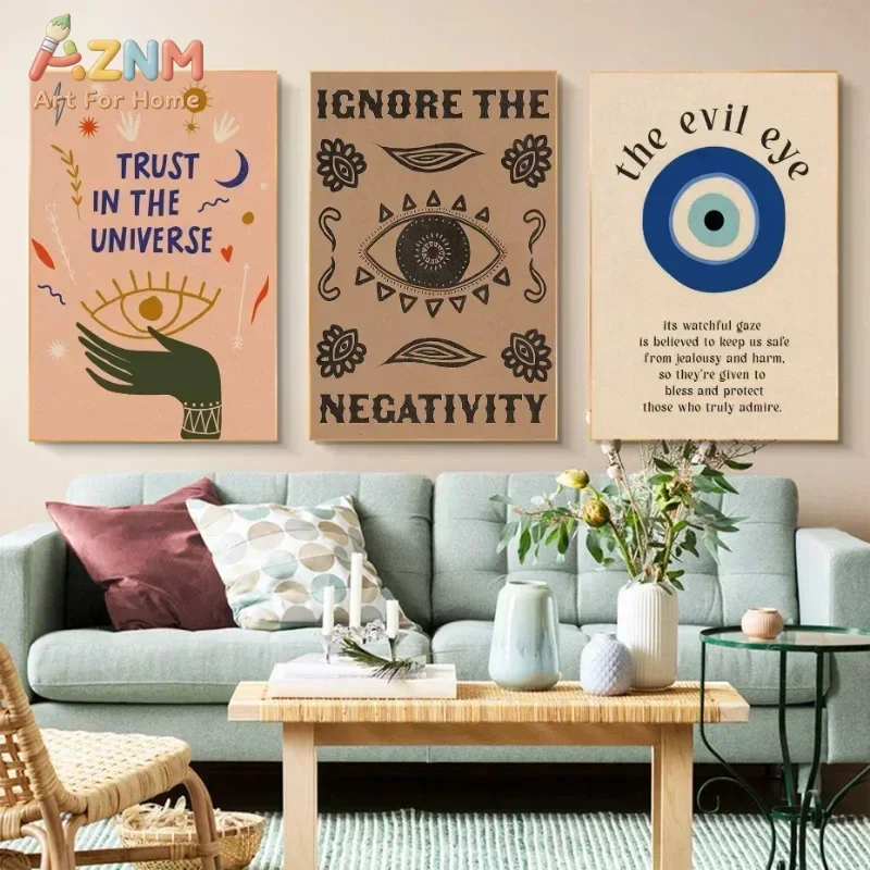AZNM Boho Evil Eye Canvas Wall Art Print Inspirational Quote Mystic Moon Palm Poster Unframed Canvas Painting for Bedroom Aesthe