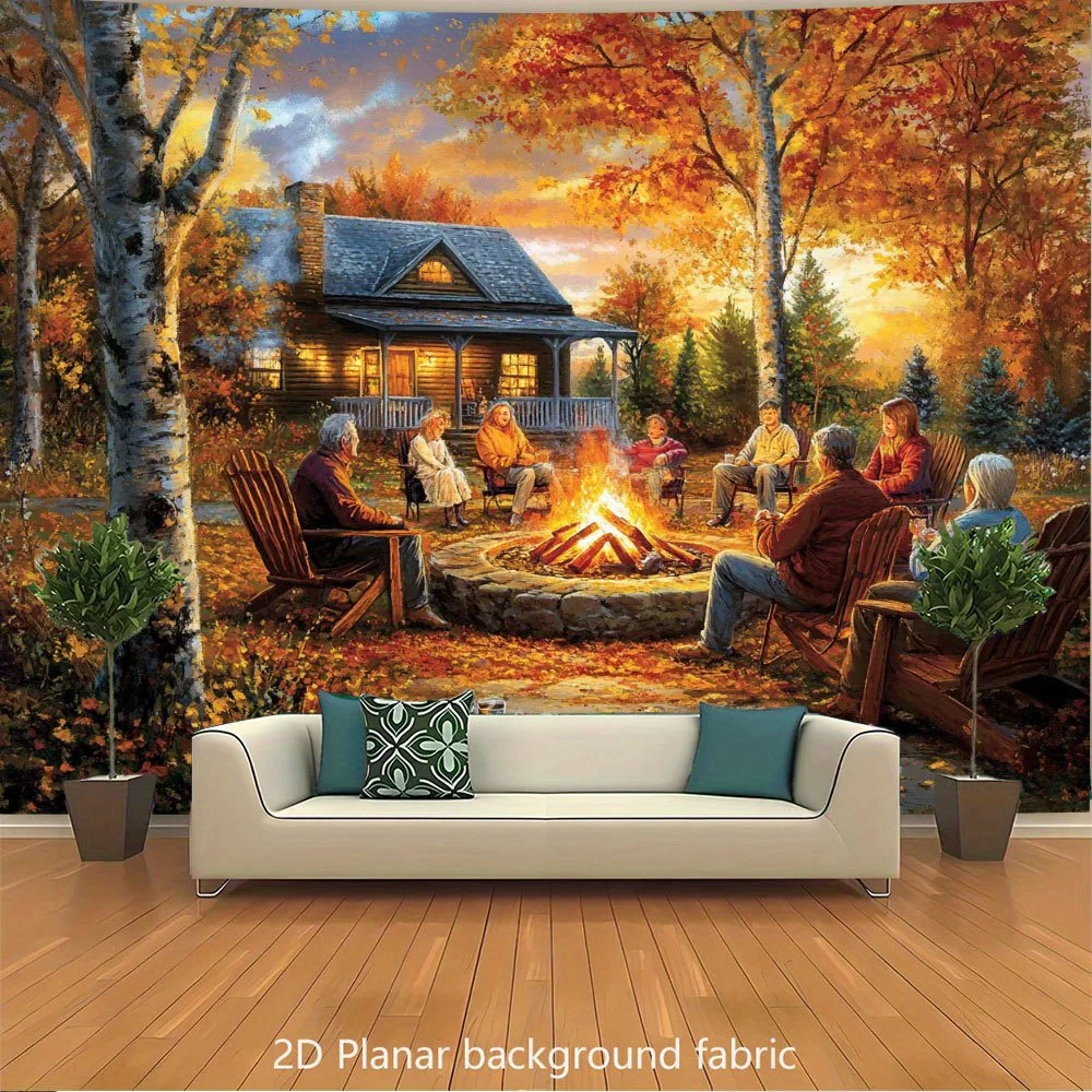 [Fall Landscape Tapestry] Durable Polyester Fabric Autumn Fall Landscape Tapestry - Birch Trees & Rustic Cabin Scene Backdrop Cl