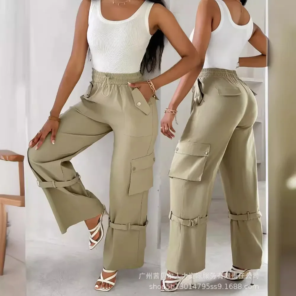 

Snap Button Buckled Drawstring Cargo Pants Women High Waist Elastic Full Length Pants Trousers Pockets Solid Color