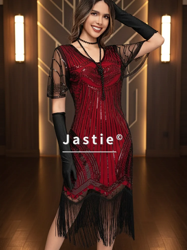 Anni '20 Gatsby Nero Oro Flapper Abito a maniche corte Sheer Mesh Paillettes Art Deco Abito Frangia Orlo Retro Vintage Party Donna Abiti