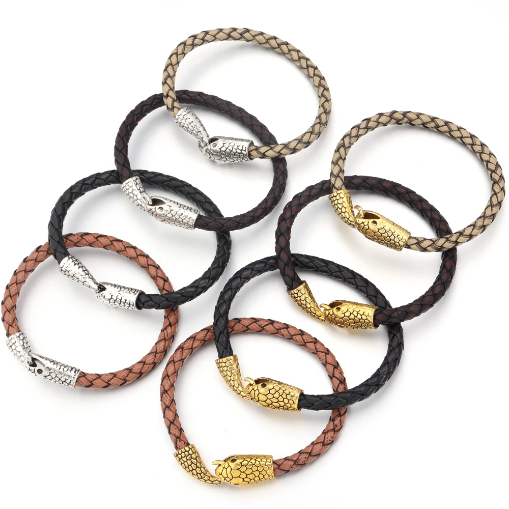 1 Strand Genuine Leather Alloy Snake Head Buckle Leather Rope Bracelet Hot Selling Men Women Personality Hip Hop Style Bracelets