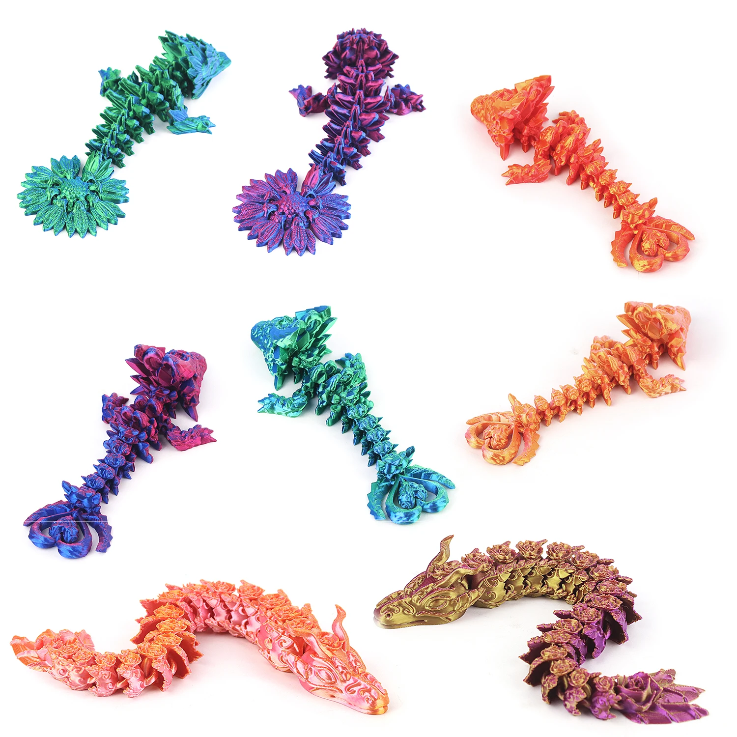 3D printed colored dragon models, multiple colored dragon figurines, flying dragon multi joint movable winged toys