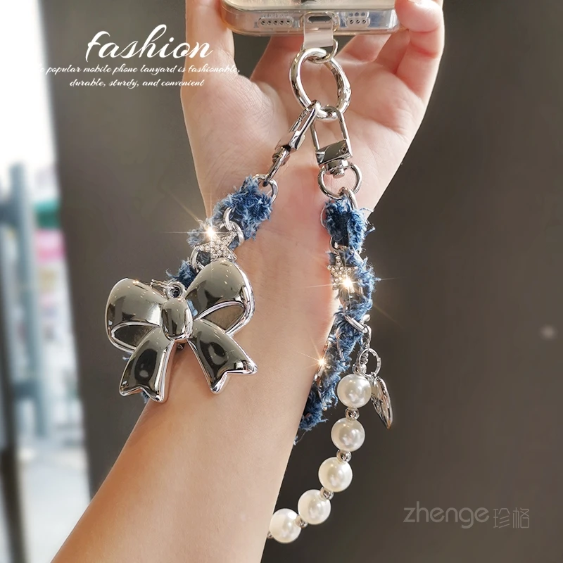Fashionable Small Fragrant Denim Pearl Phone Chain Ins Women's High-end Butterfly Bow Pendant Accessory Anti Loss Hanging Rope