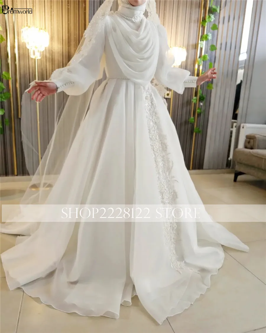 Abito da sposa musulmano a maniche lunghe per donna Hijab Bride 2024 abiti da sposa con collo alto a-line Chiffon Vestido De Casamento