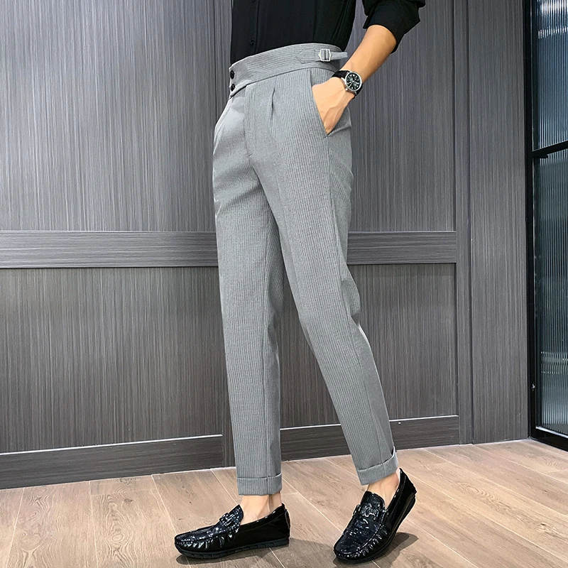 

High Waisted Striped Casual Suit Pants for Men British Style Business Social Formal Trousers Fashion Groom Wedding Social Pants