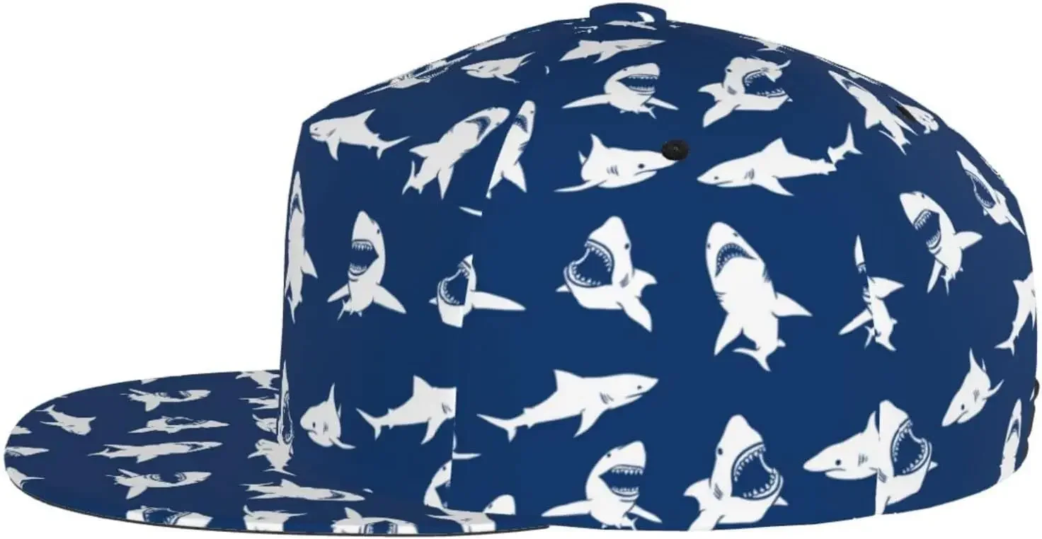 Cute Shark Fierce Blue Pattern Flat Bill Hat, unisex Snapback Baseball Cap Hip Hop Style Flat Visor Blank Adjustable