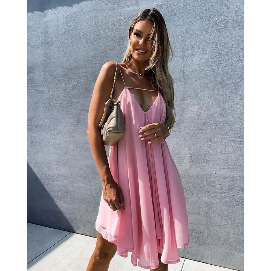 女性春夏の新セクシーなシフォンドレス女性のルーズカジュアル背中の開いたストラップドレス V ネックセクシーなソリッドカラーミニ