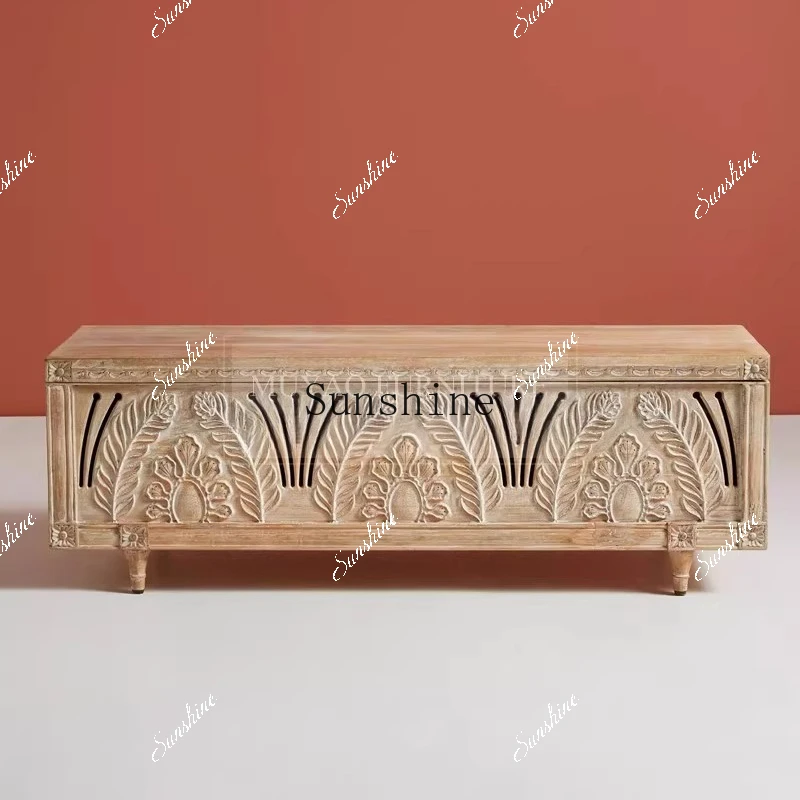 

Solid wood carving flower shoe stool homestay log antique old decorative storage stool