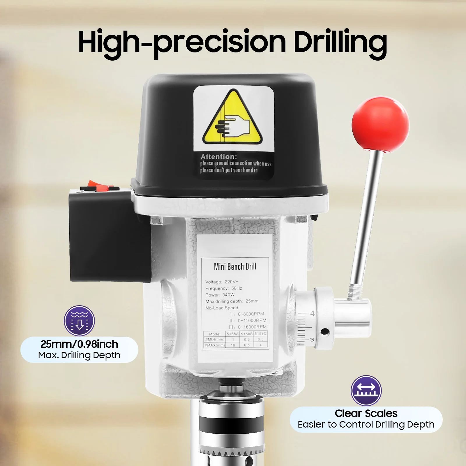 340W Mini Bench Drill Press, 3-level Adjustable Speed Corded Mini Table Drill, High-precision Portable Bench Drill Machine