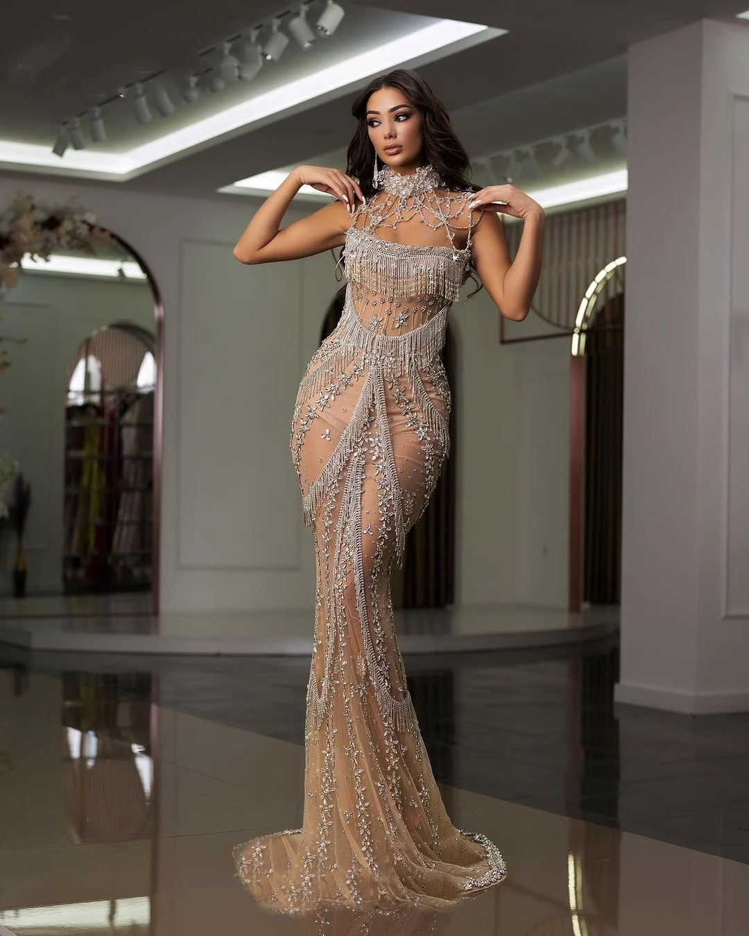 

Charming Mermaid Prom Dresses Crystal Sequins Tassel Illusion Evening Gowns Sleeveless Custom Made Robe De Soirée