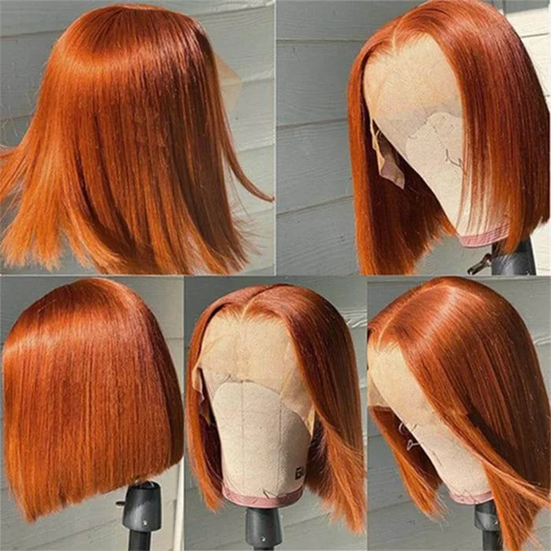 Orange Ginger Color 13x4 Lace Front Wigs Remy Human Hair Short BoB Wig Baby Hair For Black Women Preplucked