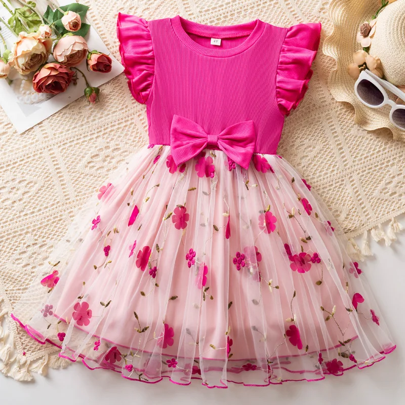 2026 Summer New Arrival Girls' Dress, Korean Style Flower Embroidery Tulle Princess Dress with Flutter Sleeves & Bowknot