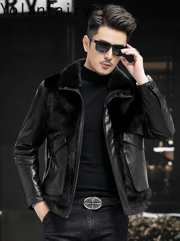 YOLANFAIRY 2025 Real Goatskin Spliced Mink Fur Coat Man Warm Winter Short High-end Genuine Leather Jacket Men Outwears Chaquetas