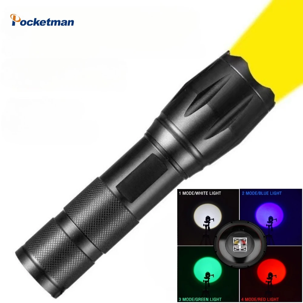 

Strong Light Flashlight Telescopic Zoom Multifunction Torch Red/white/blue/green Four-color Light Source Handlamp Night Patrol