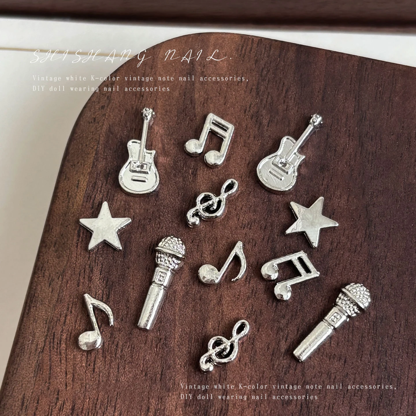 20PCS 3D Silver Music Note Microphone Guitar Star Alloy Nail Charms Y2K Rock Metal Rivets Decorations DIY Manicure Suppliers