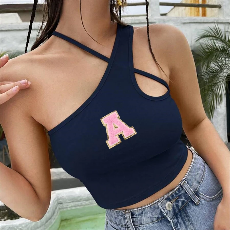 

Casual Black Halter Top With Navel Exposed Y2K Elegant Diagonal Shoulder Summer T-shirt Formal Street Sports Vest Ladies Clothes
