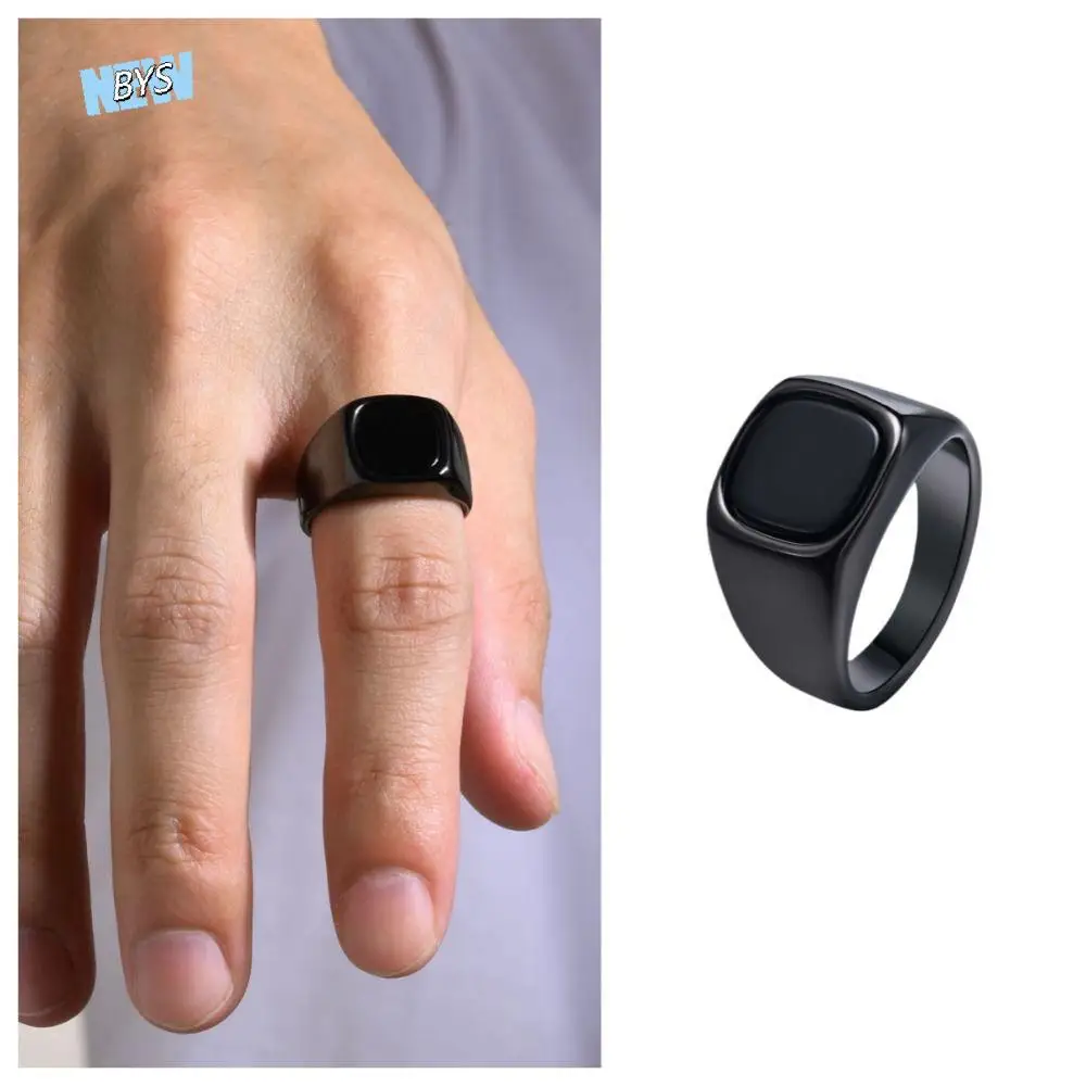 

High-end Square Black Stone Square Ring Black Stainless Steel Retro Black Rings Jewelry Metal Glass Stone Rings Men