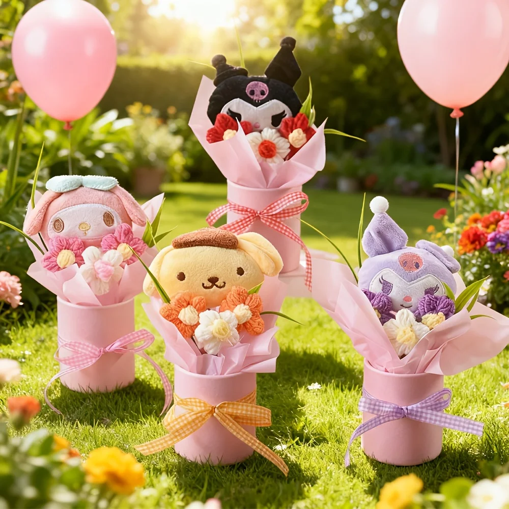 Arreglo floral realista de Sanrio, ramo con personaje de Cinnamoroll, regalo de cumpleaños perfecto de Kuromi, flor de Pompompurin para llevar en la mano