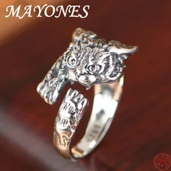 S925 Sterling Silver Charms Rings for Women Men New Fashion Retro Emboss Cartoon 3D Cat Punk Jewelry