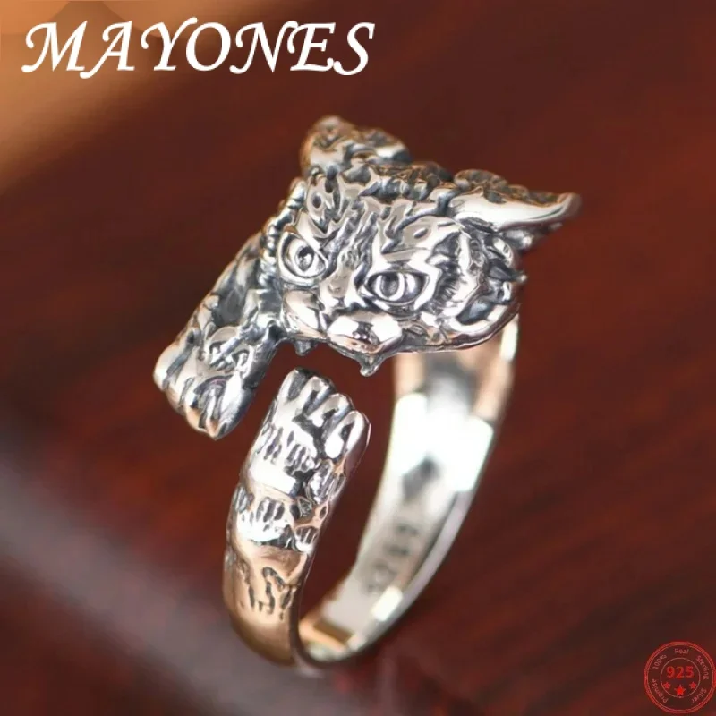 S925 Sterling Silver Charms Rings for Women Men New Fashion Retro Emboss Cartoon 3D Cat Punk Jewelry