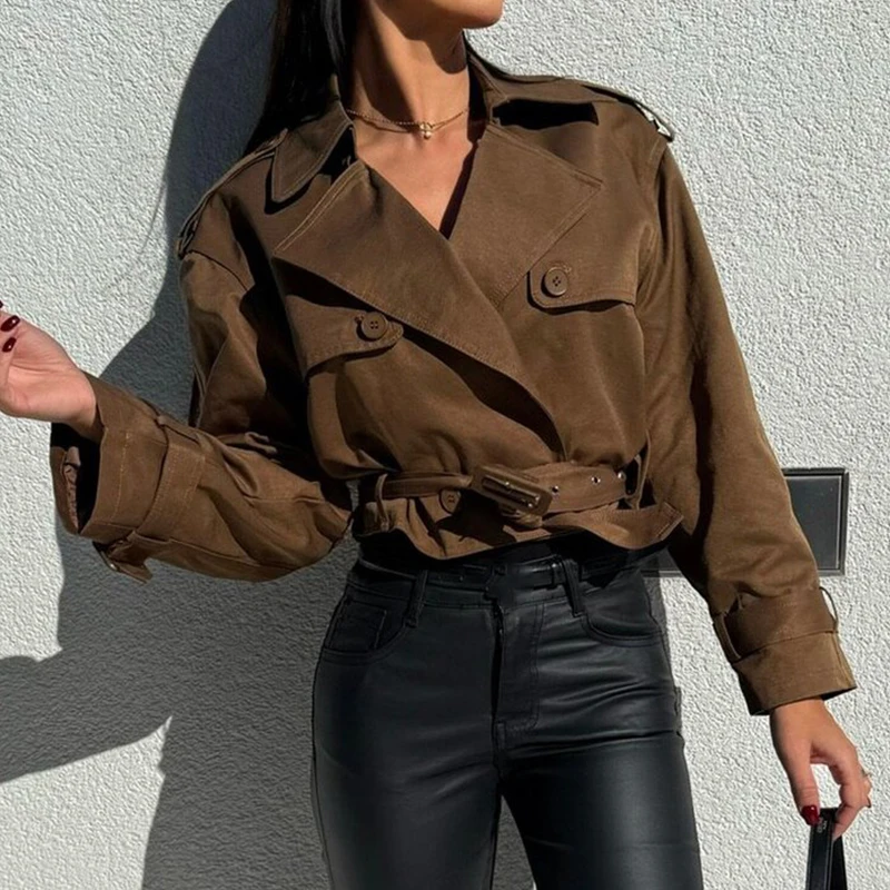 Elegant Lapel Double Breasted Short Jacket Winter Women Fashion Lace-up Waist Solid Outerwear Fall Casual Long Sleeve Slim Coats