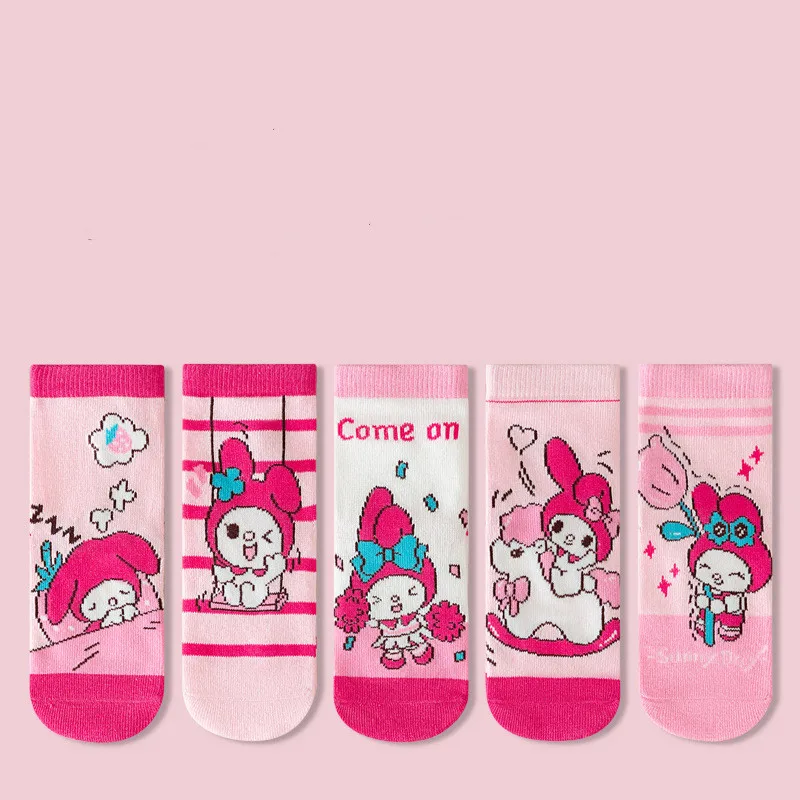 5Pairs Spring Summer Hello Kitty Kids Baby Short Socks Sanrio Kuromi My Melody Socks Comfortable Breathable Children Socks