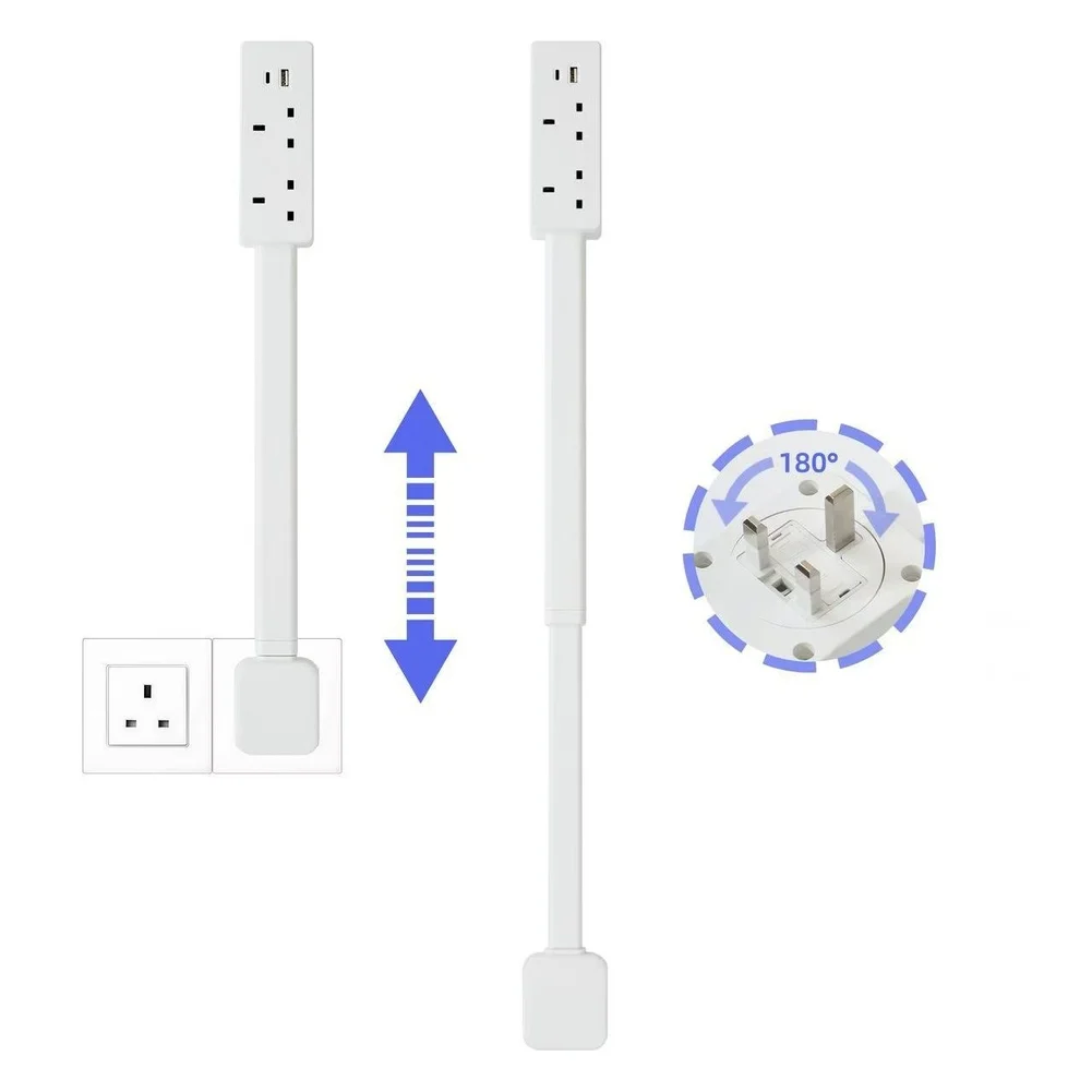 White Outlet Extender with Adjustable Length 49 5cm to 71 5cm for UK Wall Sockets Featuring Dual USB A and USB C Charging