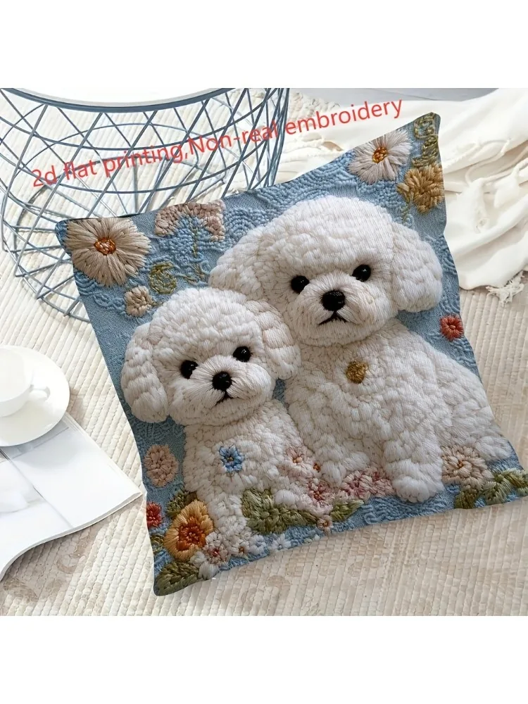 1pc Cute Bichon Frise Dog Throw Pillow Cover, 2D Double-Sided Print Soft Polyester Cushion Case for Home Sofa Bedroom Car Decor