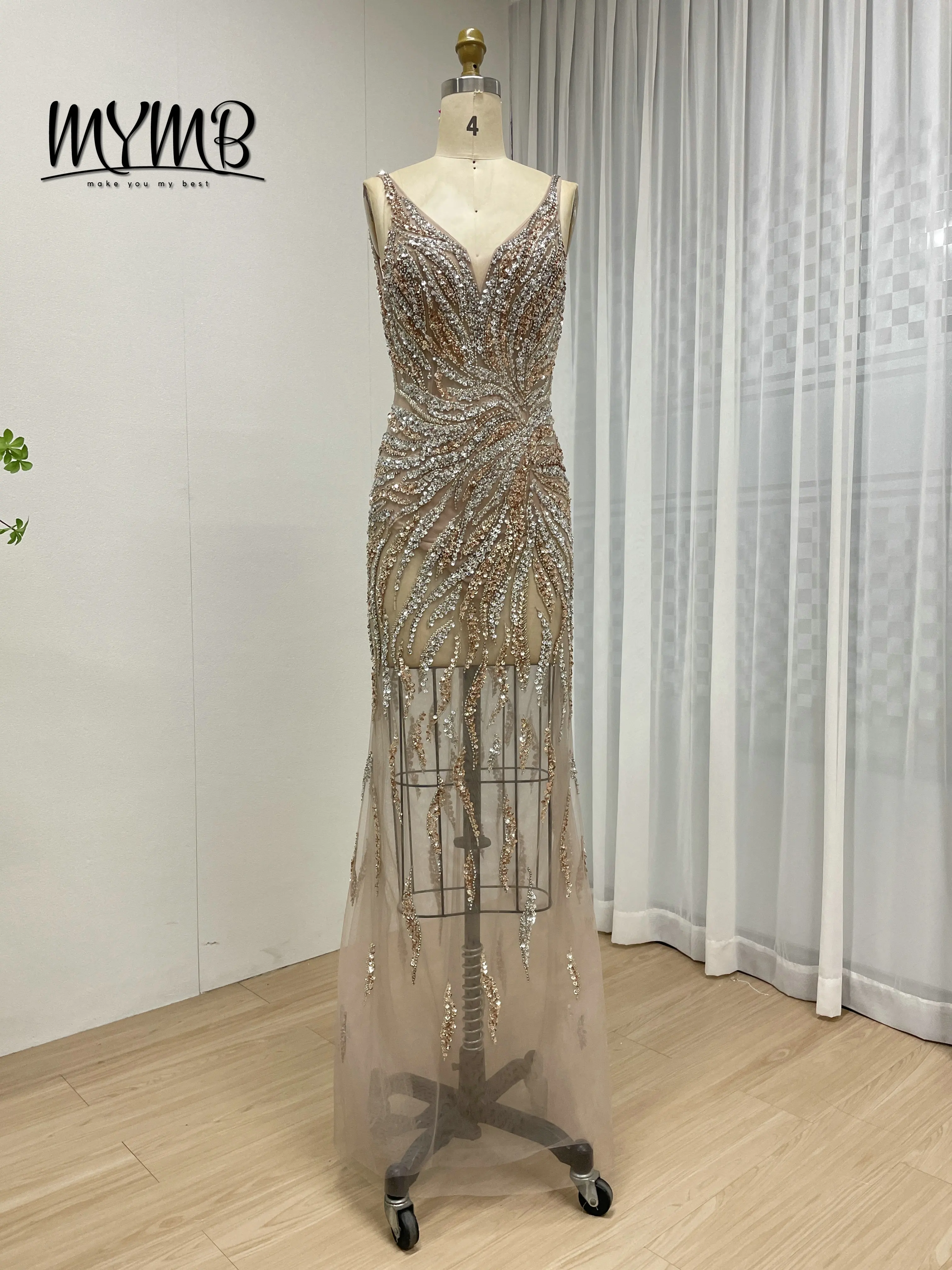 

MYMB Элегантные золотые, серебряные вечерние платья на тонких бретельках с скользящим шлейфом и бисером, облегающие вечерние платья для женщин MC20111